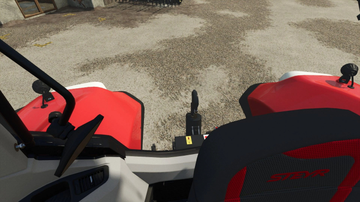 fs25-mods,  Vista de cabina realista en mod FS25 mostrando interior del tractor y vista del suelo.