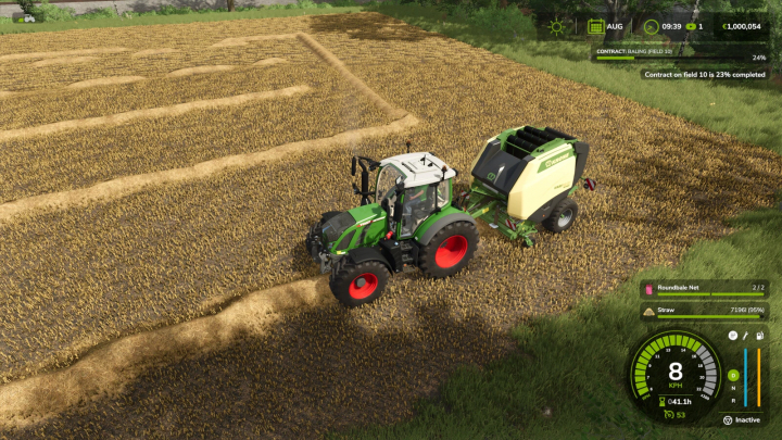 fs25-mods,  FS25 mod Round Baler Extension v1.0.0.0 in action, shown on a harvested field with a tractor pulling a round baler.