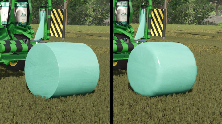 fs25-mods, Rounder Wrapped Round Bales mod in FS25, showcasing detailed blue-green bale with equipment.