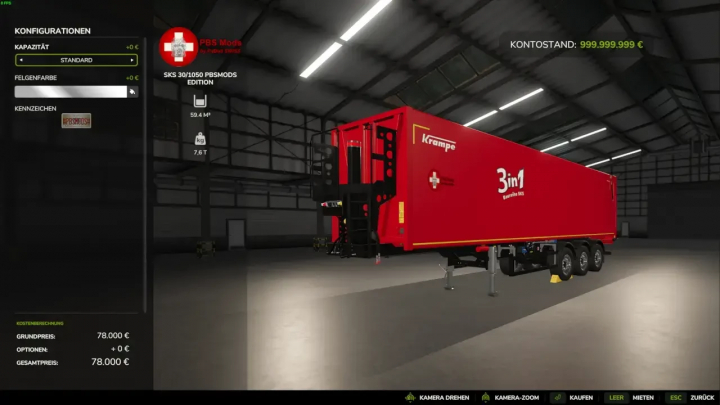 fs25-mods,  FS25 mod SKS 30/1050 PBSMods Edition trailer in a virtual garage.