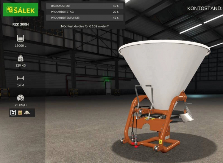 fs25-mods, FS25 mod Samas rzk300H v1.0.0.0, a large orange and white agricultural implement with rental details displayed, in a warehouse setting.