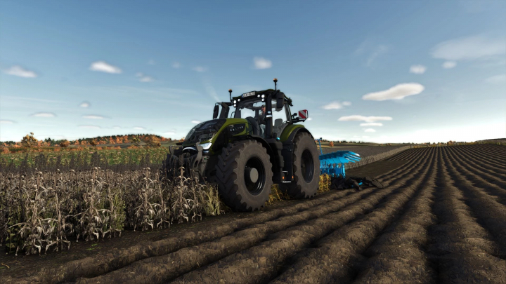 fs25-mods, A tractor plowing a field under a clear sky in FS25 mod Shader v1.0.0.0 for Farming Simulator 25.