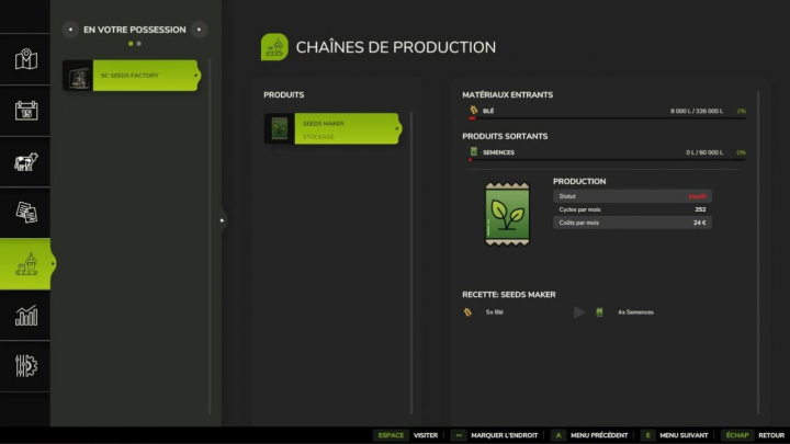 fs25-mods,  FS25 mod interface showing Small Seed Factory production details and status.