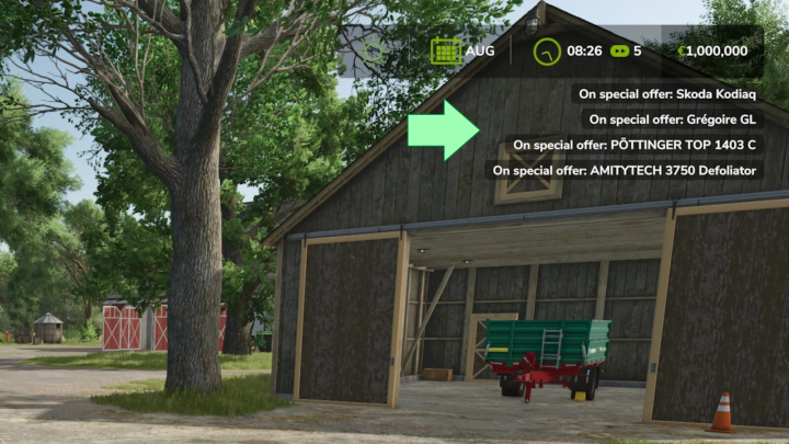 fs25-mods,  FS25 Special Offers mod showing discounted equipment in a digital farming environment.