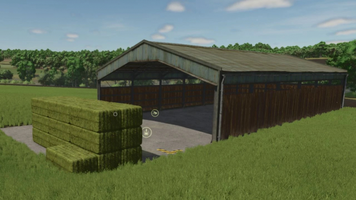 fs25-mods,  Storage Shed Autoload Mod in FS25, zeigt eine große Scheune mit Heuballen davor.