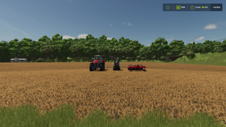 fs25-mods,  FS25 mod met een tractor en landbouwapparatuur op een veld. Store Deliveries v1.0.0.1 verbetert de gameplay.