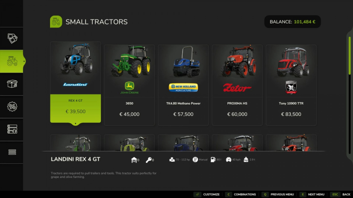 fs25-mods,  FS25 mods: Store price sorting menu with various small tractors listed, including Landini REX 4 GT priced at €39,500.