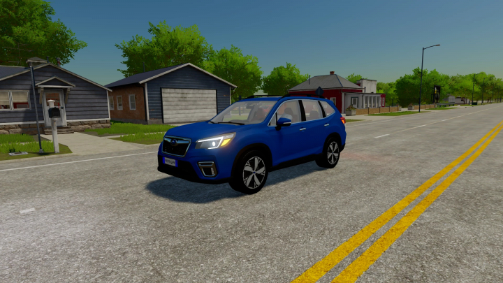 fs22-mods, Blue Subaru Forester in FS22 mod, parked on a suburban street in Farming Simulator 22.