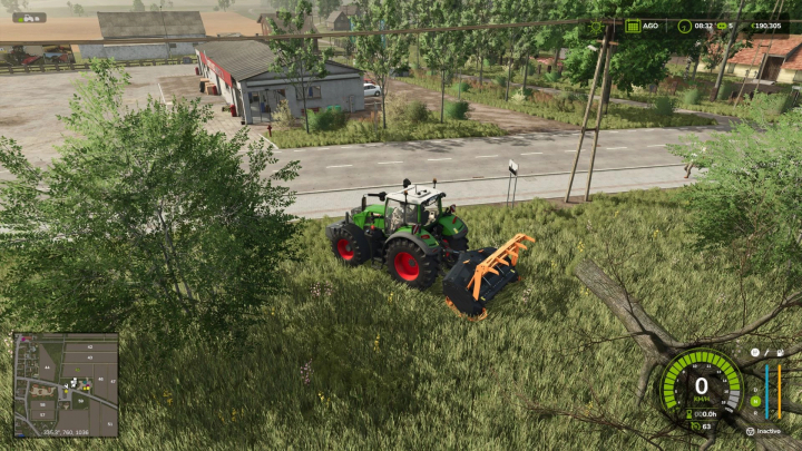 fs25-mods,  FS25 mod TMC Pack Edit v1.0.0.0 showing a tractor with a forestry mulcher in a grassy field near a road.