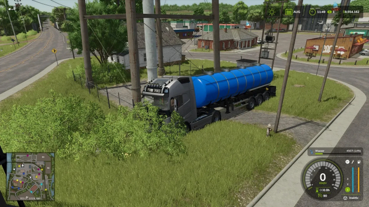 fs25-mods, FS25 mod image of Tank Trailers MKS8 and MKS32 v1.0.0.0 showing a truck with a blue tank in a rural setting.