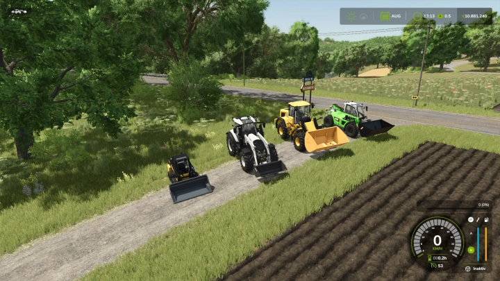 fs25-mods,  FS25 Universal Bucket mod v1.0.0.0 showing various tractors with buckets on a country road.