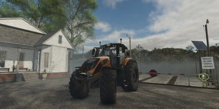 fs22-mods, Valtra S-Series tractor in FS22 mod at ferry stop, showcasing enhanced 80 km/h speed.