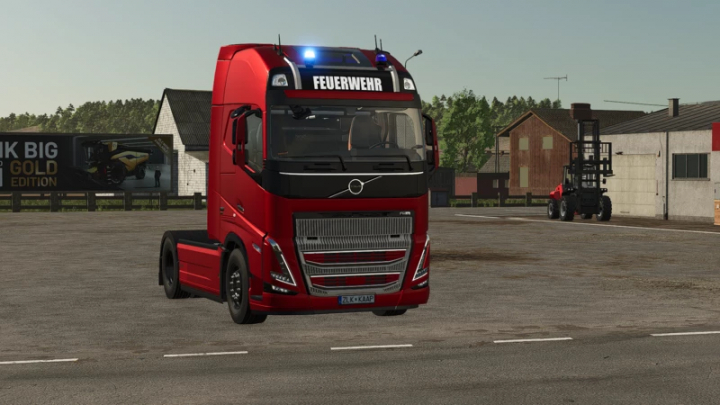 fs25-mods,  FS25 mod featuring a Volvo fire department truck in a farmyard setting.