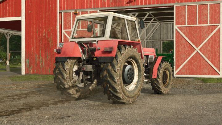 fs25-mods,  Mod de tractor Zetor Crystal 16045 en Farming Simulator 25 cerca de un granero rojo.