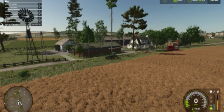 fs25-mods,  FS25 mod Zielonka Hof Savegame v1.0.0.0 featuring a farm scene with machinery in action and windmill, showcasing rural landscape.