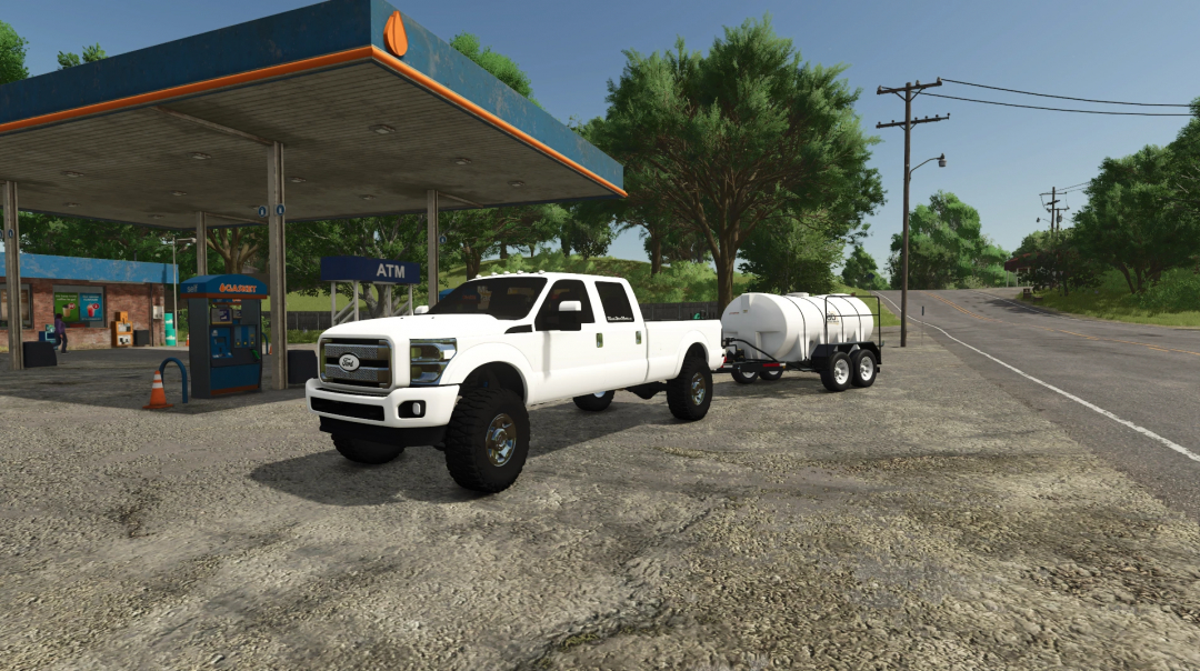 FS25 mod 2016 Ford F350 v1.0.0.0 at gas station with trailer in Farming Simulator 25.