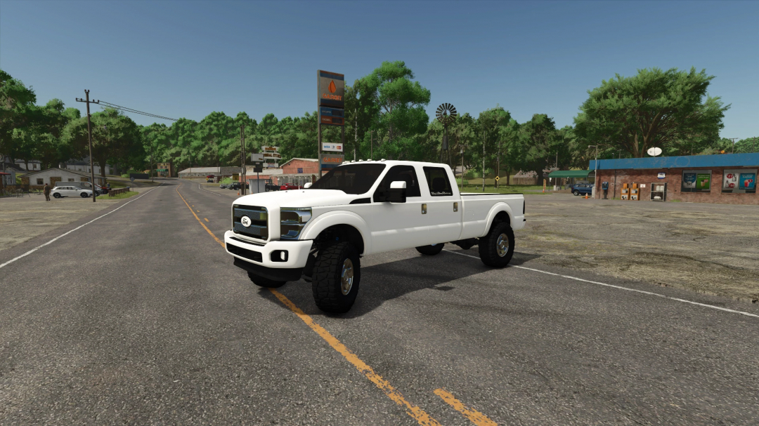 FS25 mod 2016 Ford F350 v1.0.0.0 on rural road, showcasing detailed vehicle model in Farming Simulator 25.