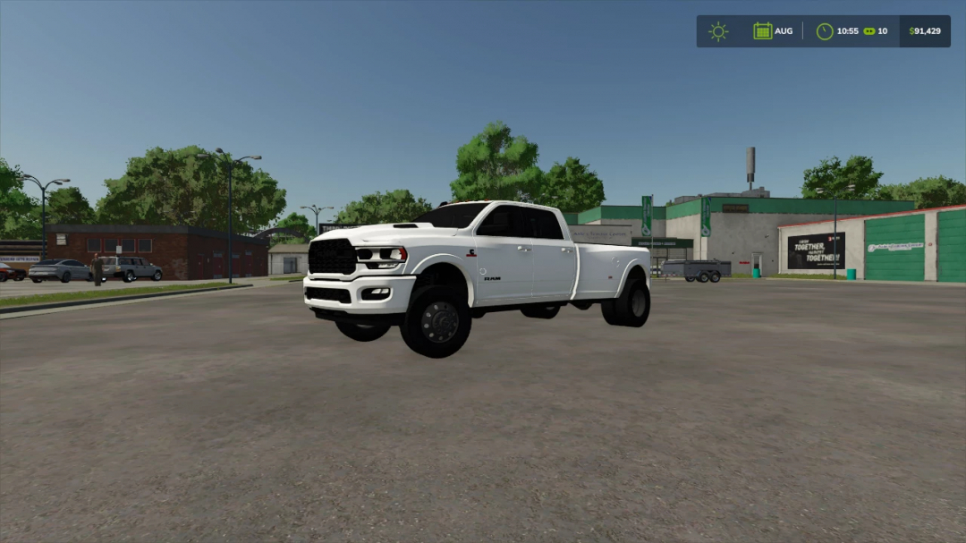 Mod 2024 Ram 3500 no Farming Simulator 25, com um caminhão branco em um cenário virtual.