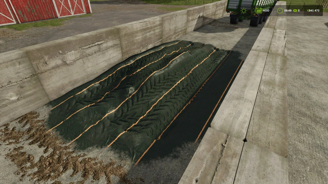 FS25 mod 2 bunker silo v1.0.0.0 showcasing a covered silage pit with a tractor, enhancing farming simulations.