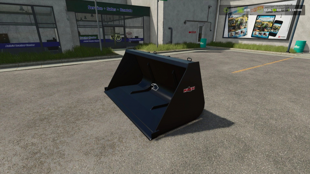 FS25 mod: 50000L bucket for telescopic handlers displayed outside a dealership in Farming Simulator 25.