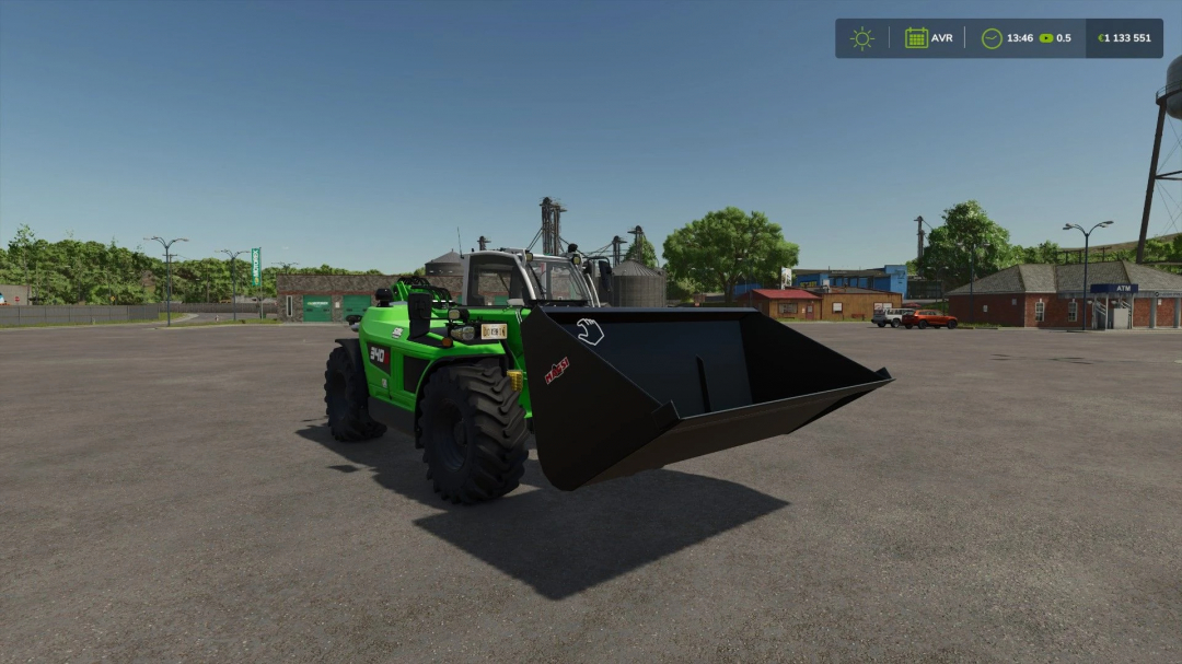 FS25 mod showing a 50000L bucket attached to a green telescopic handler, version 1.0.0.0, in a farm setting.