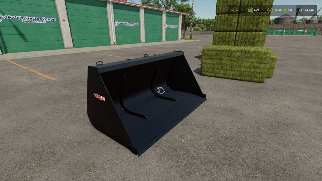 FS25 mod 50000L bucket for telescopic handlers, version 1.0.0.0, displayed near a tractor center.