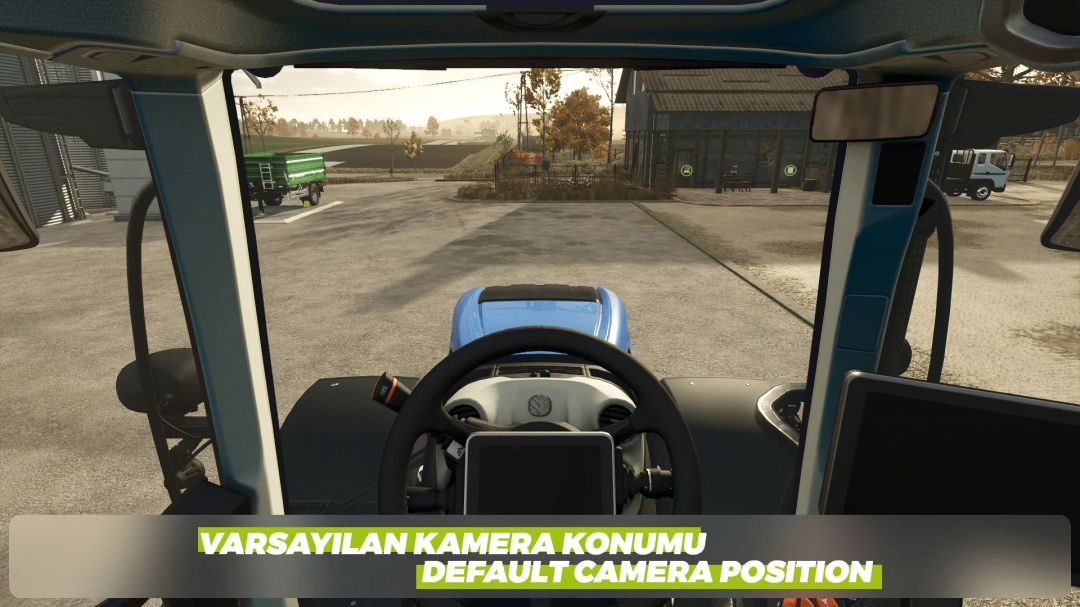 Interior view of tractor with default camera position in FS25 Adjustable Camera mod.