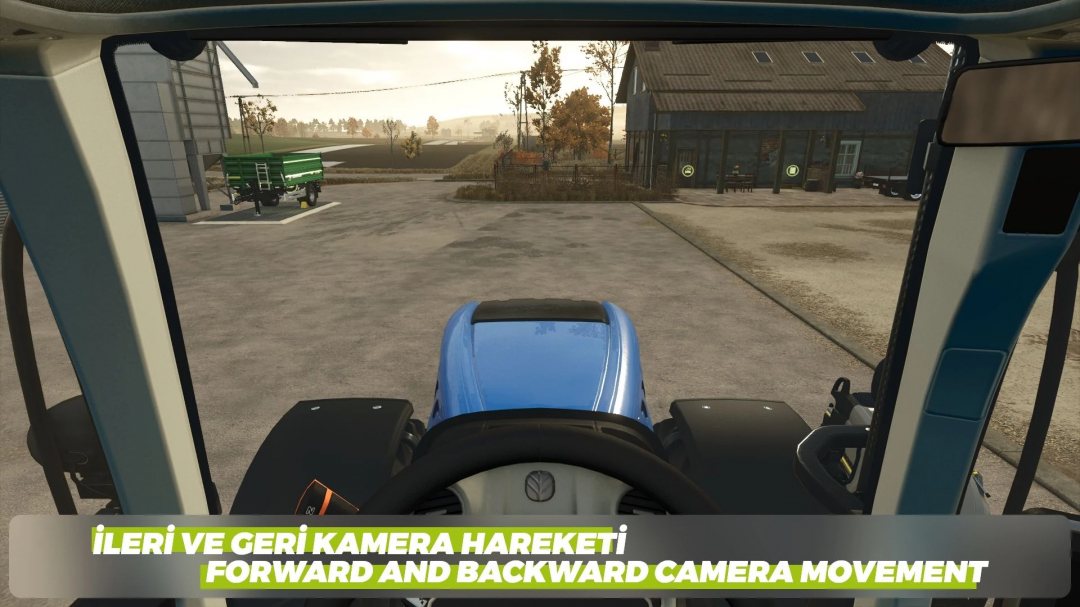 FS25 mod Adjustable Camera v1.0.0.0 shows tractor cockpit view with forward and backward camera movement feature.