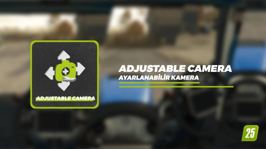 Adjustable Camera mod icon for FS25, featuring directional arrows and camera symbol, enhancing game view experience in Farming Simulator 25.