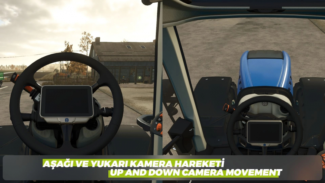 FS25 Adjustable Camera mod showing inside tractor view with up and down camera movement.