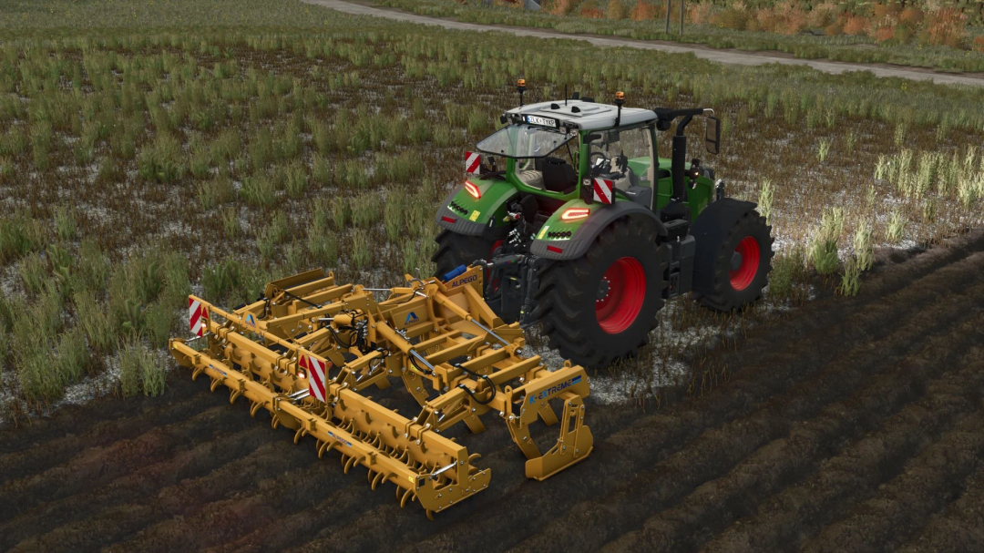 FS25 mod: Alpego kExtreme500 Plow v1.0.0.0 used by a tractor in a field.