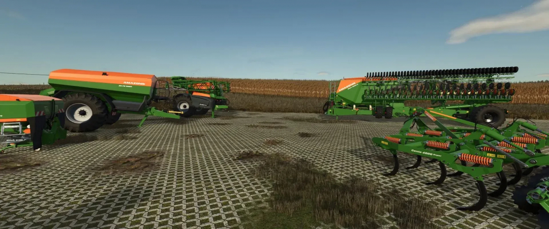 Amazone Pack v1.0.0.0 FS25 mod showcasing agricultural machinery on a field.