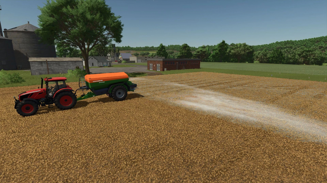 Mod FS25, Amazone ZG-TS 10001 che sparge fertilizzante in un campo in Farming Simulator 25.