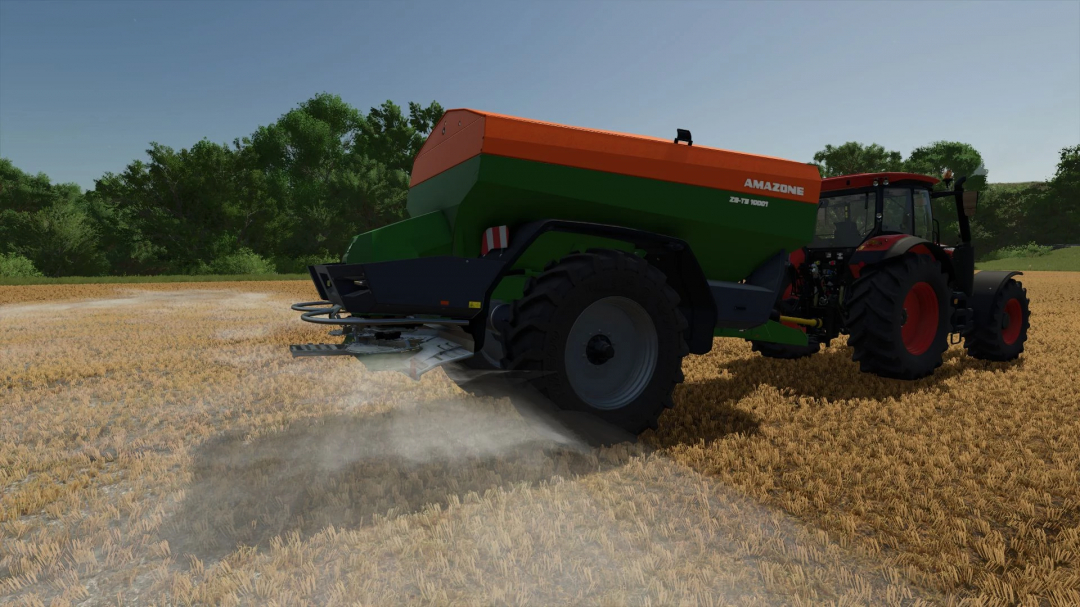 Mod FS25 Amazone ZG-TS 10001 v1.0.0.0 sparge fertilizzante in un campo in Farming Simulator 25.