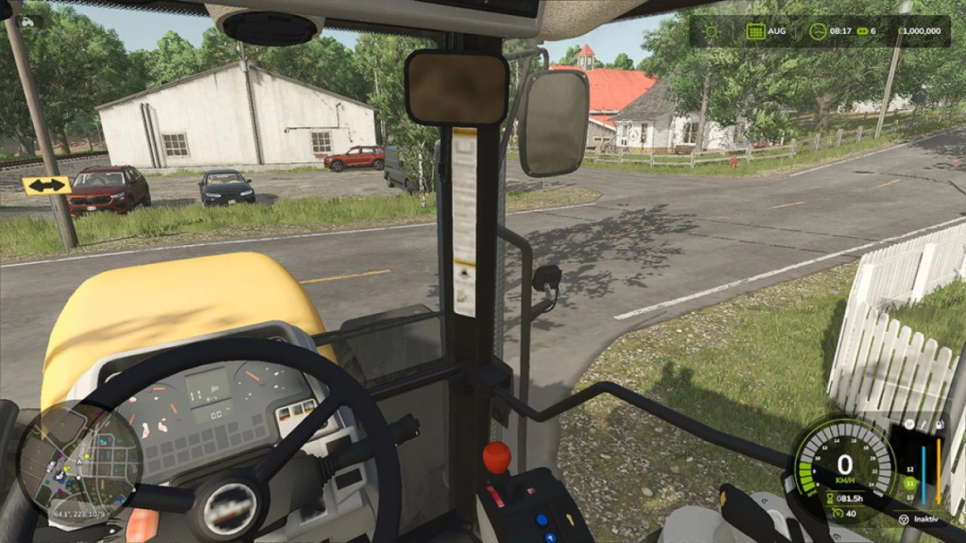 Mod FS25 AutoLook Around v1.0.0.0 dans une cabine de tracteur, avec tableau de bord et rétroviseur dans Farming Simulator 25.