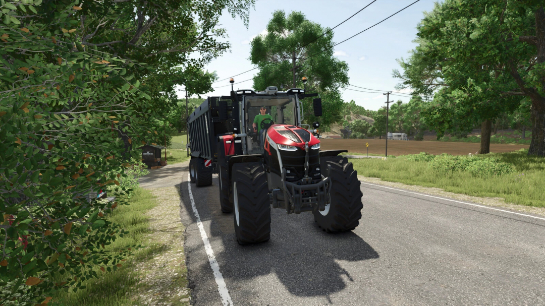 Mod FS25: Trator com pisca-pisca em estrada rural. Função de desligamento automático de pisca destacada.