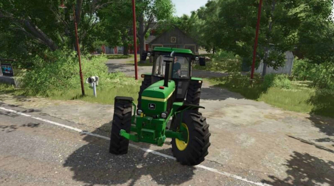 Tractor verde estacionado en una carretera rural en FS25, mostrando el mod Auto Turn Signal Off para Farming Simulator 25.