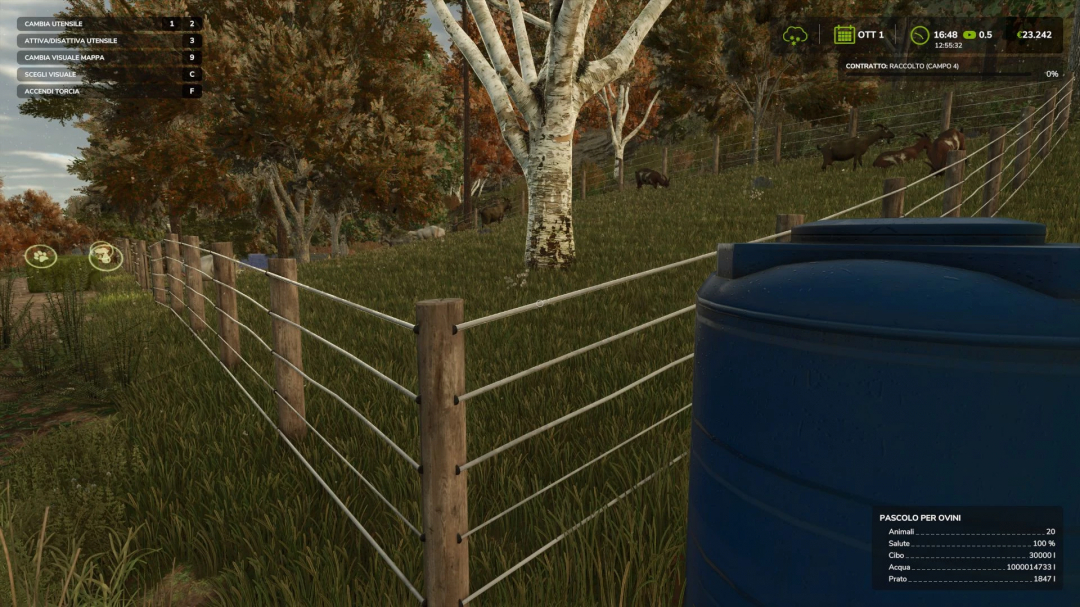 FS25 mod Automatic water tank by a pasture with sheep. Forest background.