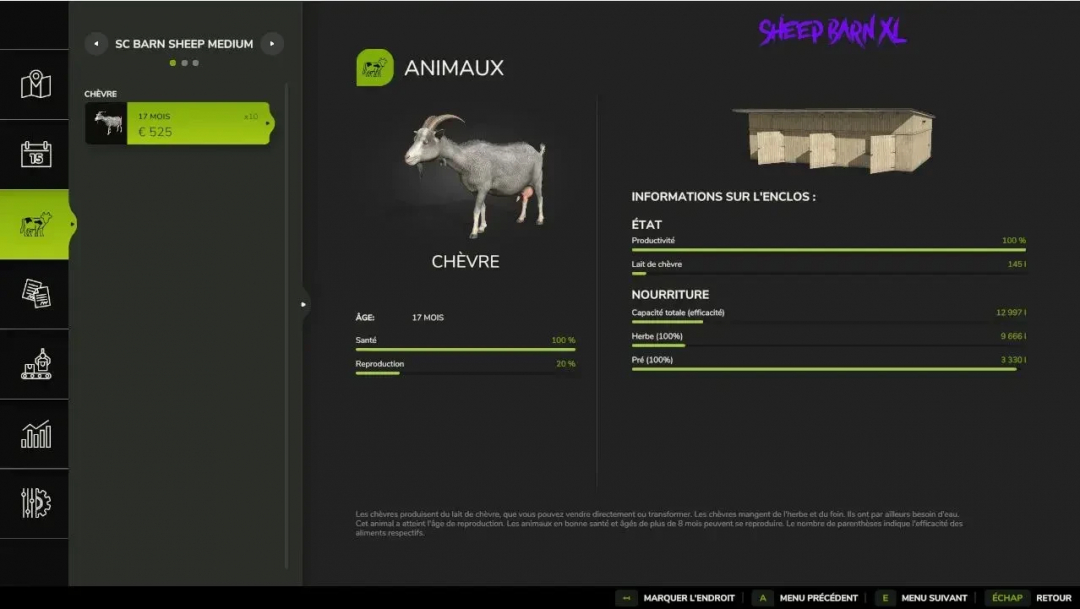 FS25 mod Barn Sheep Medium interface showing goat stats and barn info.