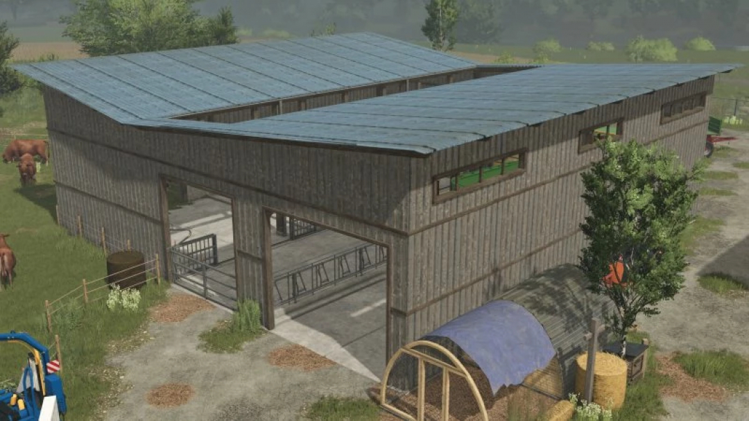 FS25 mods: Barn with pasture in Farming Simulator 25, version 1.0.0.0, featuring a large wooden structure and grazing area.