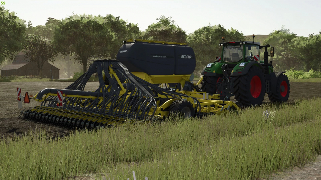 FS25 mod Bednar Omega 6000FL Edit v1.0.0.0 shown in a farming scene attached to a tractor.