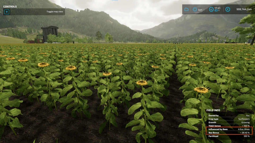 Sunflower field in FS22 mod 'Bees Revamp v1.1.0.1' showing bee influence on growth. Farming Simulator 22 mods improve yields.