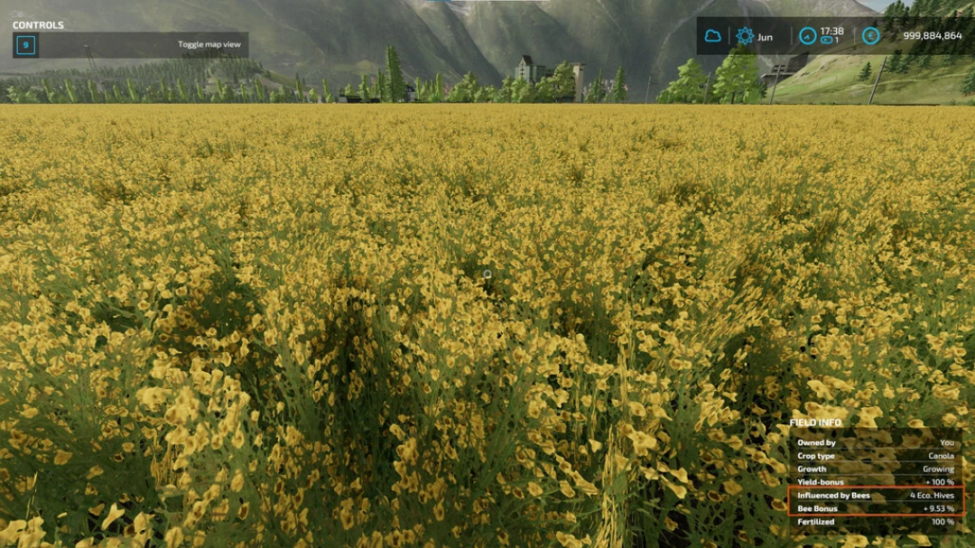 FS22 mod Bees Revamp v1.1.0.1: Lush canola field influenced by beehives, enhancing yield by 9.53% in Farming Simulator 22.