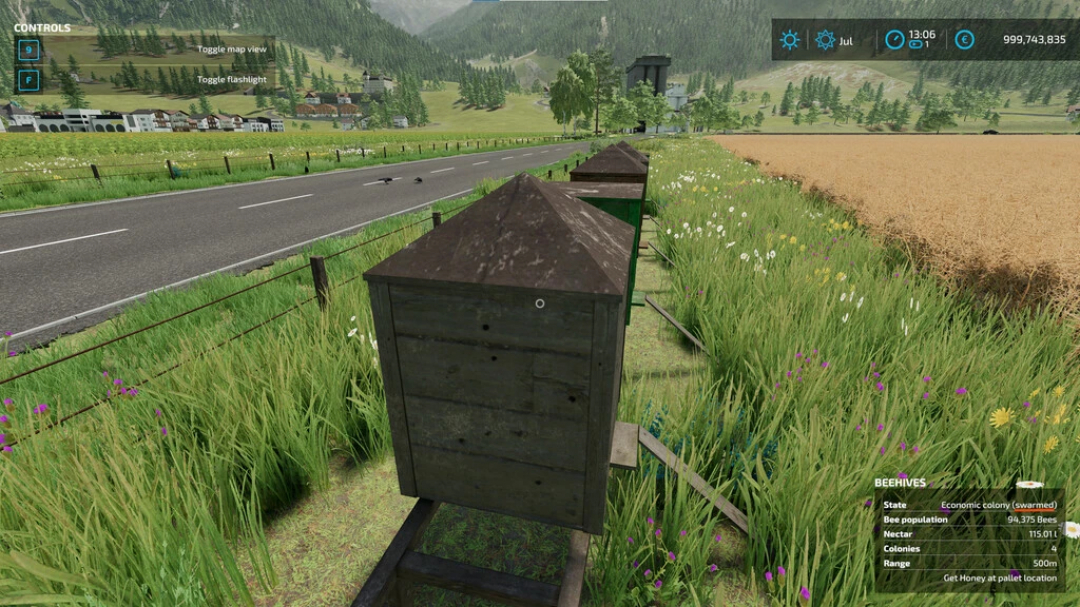 FS22 mods Bees Revamp v1.1.0.1 showing beehives beside a road in Farming Simulator 22.