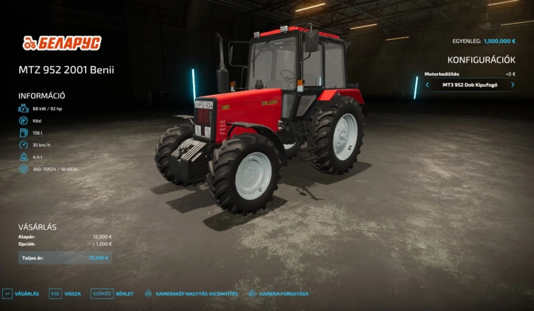 Mod Belarus 952 2001-2024 Benii per FS22 che mostra un trattore rosso con specifiche sullo schermo.