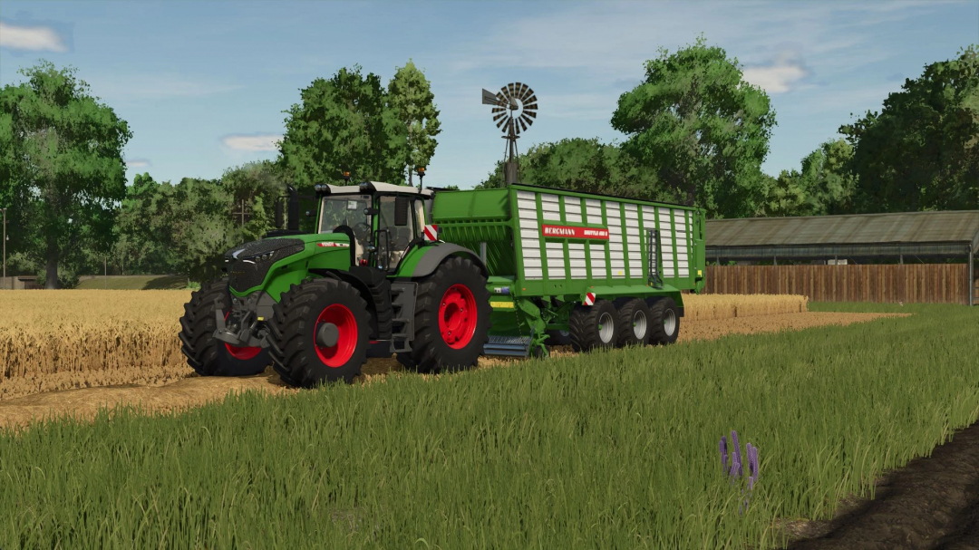 FS25 mod Bergmann Shuttle 490S v1.0.0.0 with a green tractor in a farm field setting.