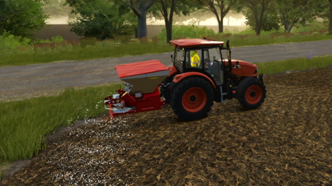 Mod Bredal SG2000 dans FS25 épandant de l'engrais sur un champ.