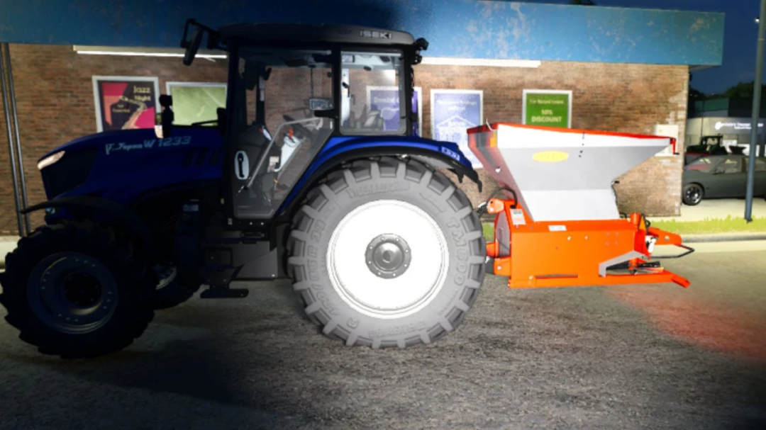 Mod FS25 Bredal SG2000 v1.0.0.0 montrant un tracteur bleu avec un épandeur orange dans un environnement de simulation.