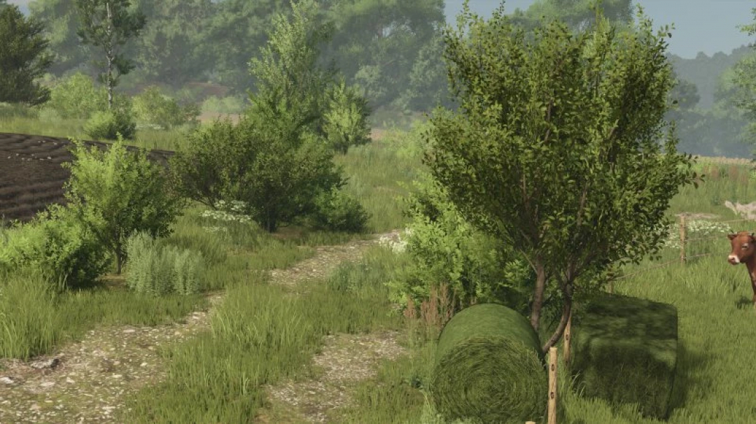 Weelderig groen in de FS25-mod Bush TEXTURE v1.0.0.0, met gedetailleerde struiken en landschapsteksturen in Farming Simulator 25.