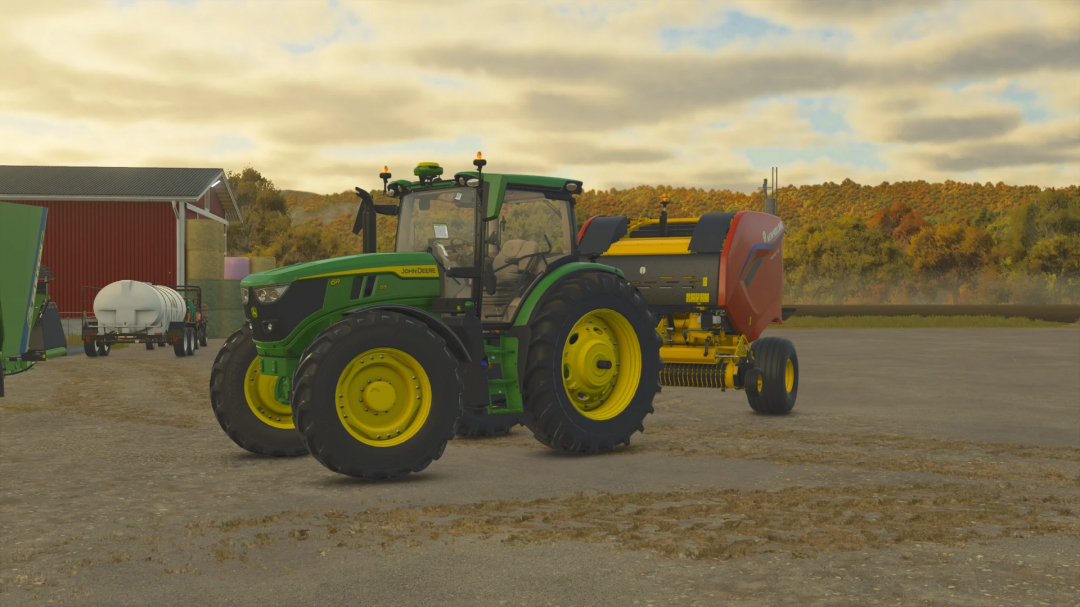 FS25 mod: Green tractor with CNH baler on floaters, showcasing Farming Simulator 25's realistic equipment modifications.